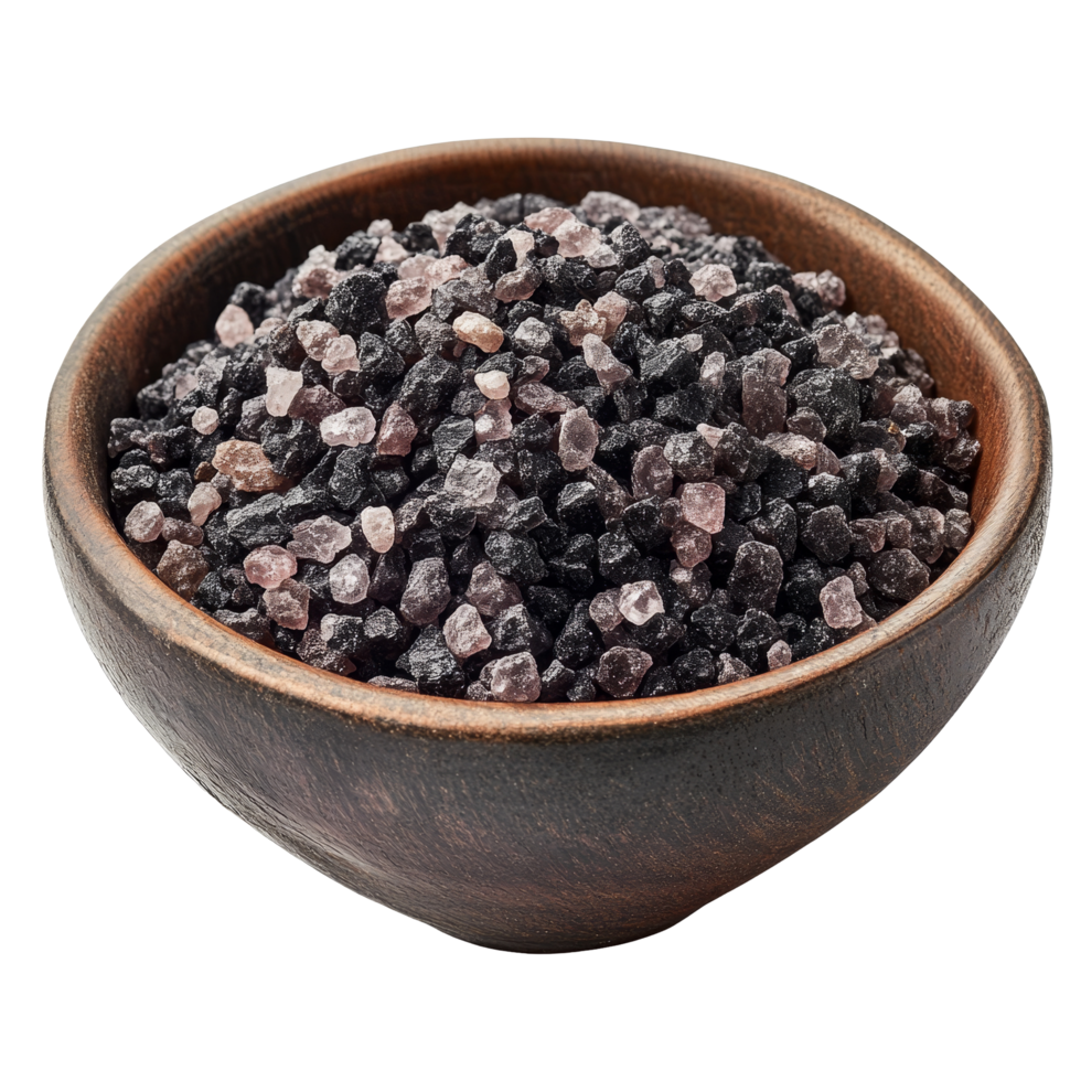 Bowl of black Himalayan rock salt with pink crystals in a wooden bowl on a transparent background, Bowl of black himalayan rock salt png