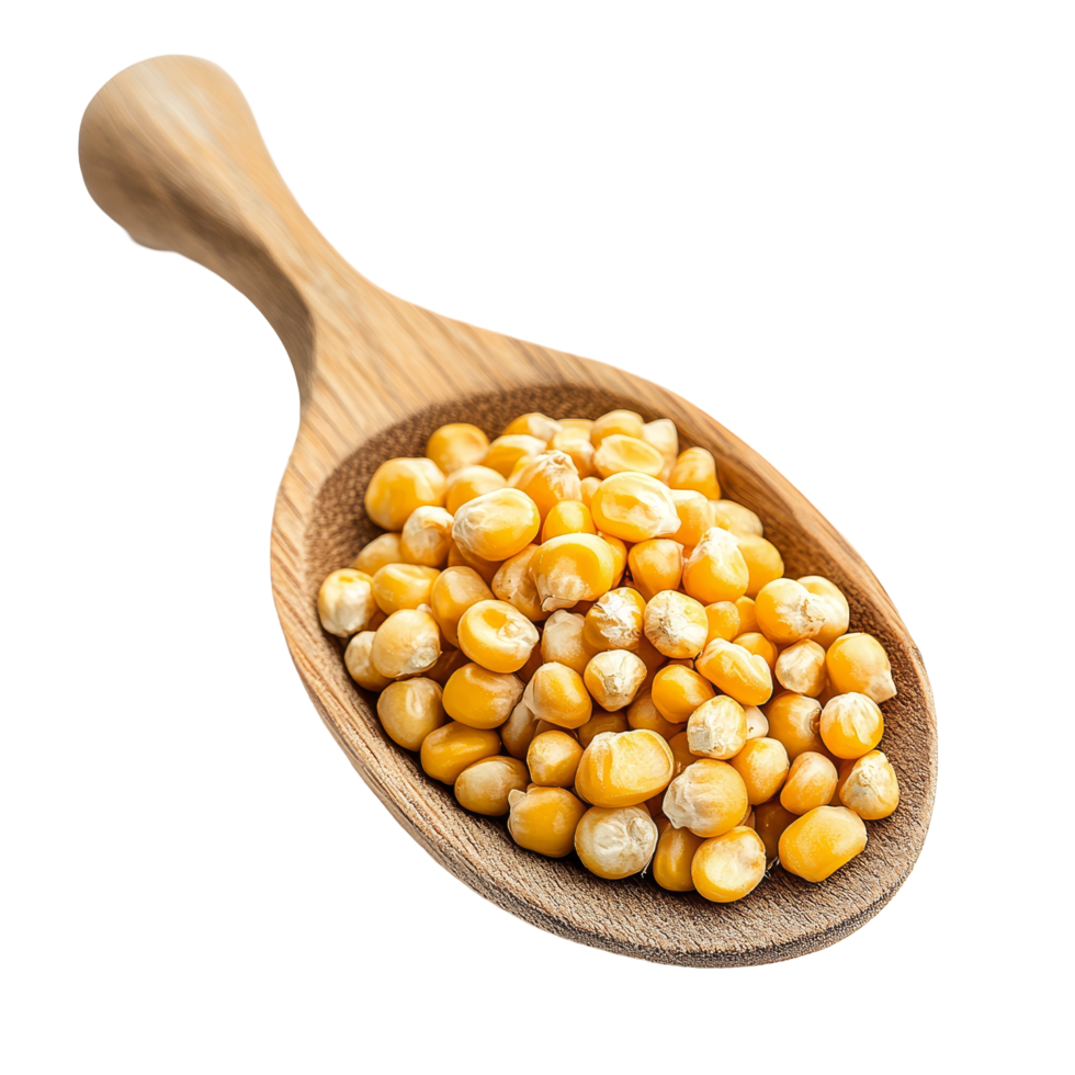 Corn seeds in a wooden spoon arranged neatly on a transparent background creating a rustic and natural feel, corn seeds in wood spoon on transparent background png