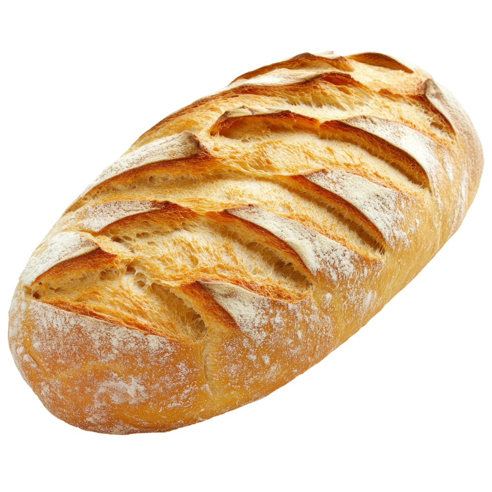 Freshly baked loaf of bread isolated on a transparent background showcasing intricate scoring patterns, dish made of bread, beef, and vegetables top view isolated on transparent background png
