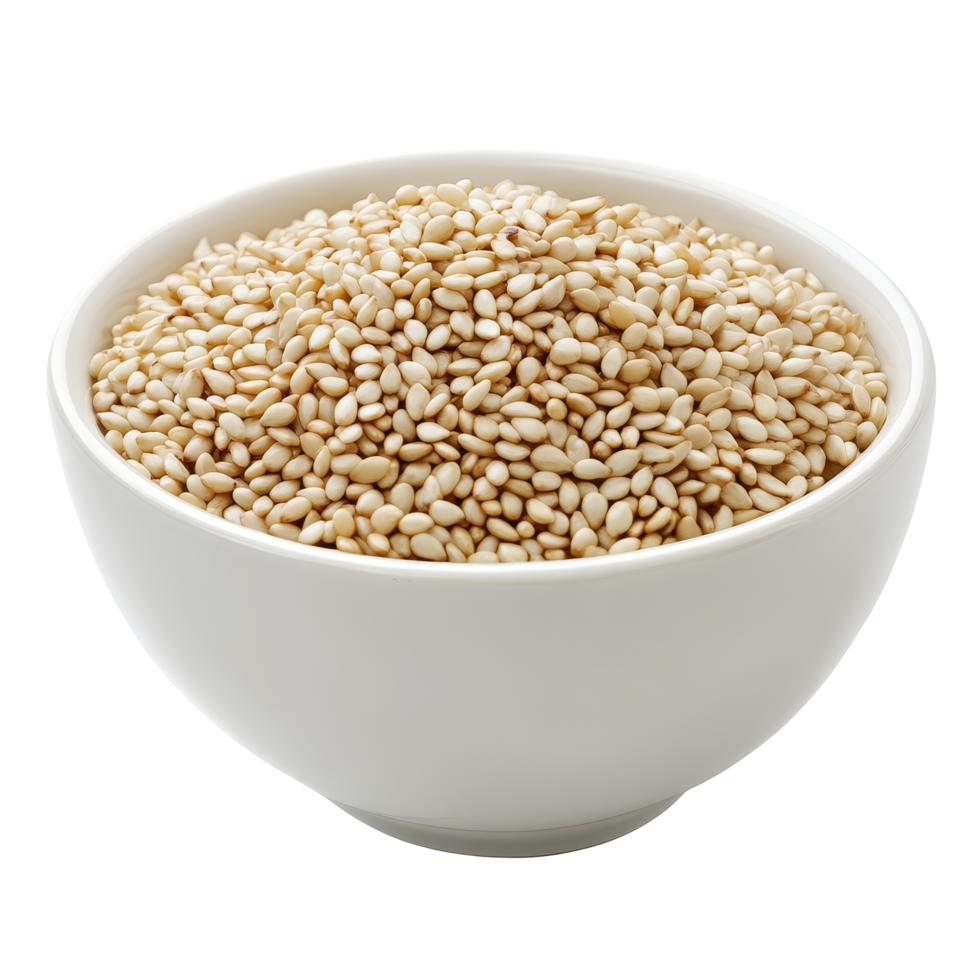 Fresh sesame seeds in a transparent bowl on a clean transparent background showcasing their natural texture and color, Sesame seeds in transparent bowl isolated on transparent background png