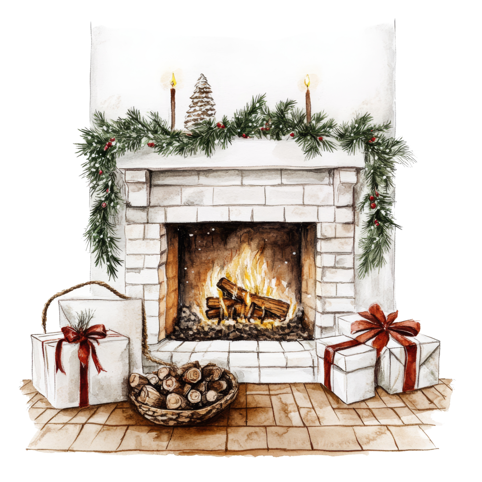 Cozy Christmas fireplace adorned with greenery, candles, and holiday gifts creating, Cozy Christmas Fireplace and Hearth Minimalistic Watercolor Illustration on transparent background png
