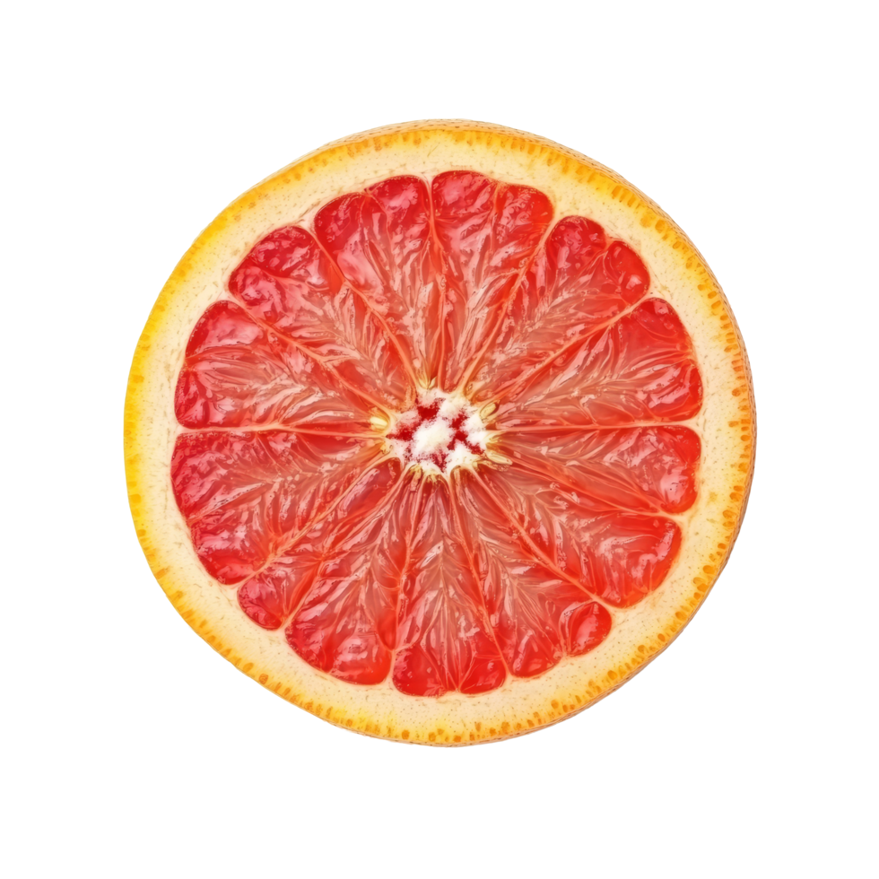Ripe pink grapefruit slice cut in half on a clean transparent background showcasing juicy citrus texture, Ripe slice of pink grapefruit citrus fruit on transparent background png