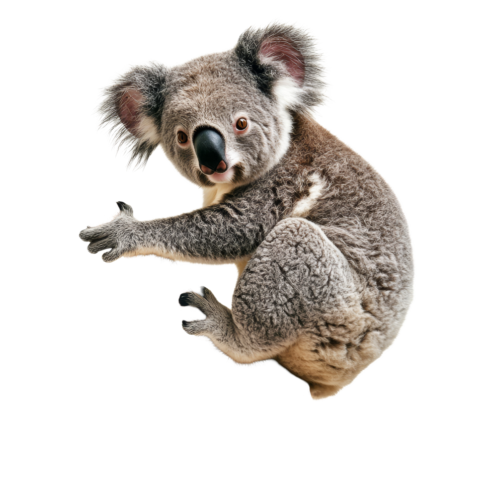 Koala perched on a branch against a transparent background showcasing its unique features and habitat, koala on a branch isolated transparent background png
