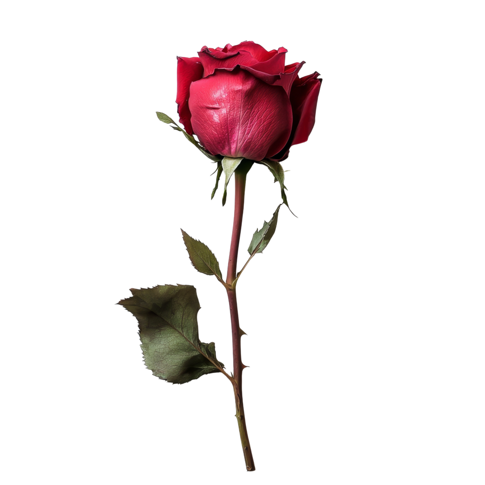 A single red rose placed on a clean transparent background, showcasing its vibrant petals and green leaves, rose on transparent background png