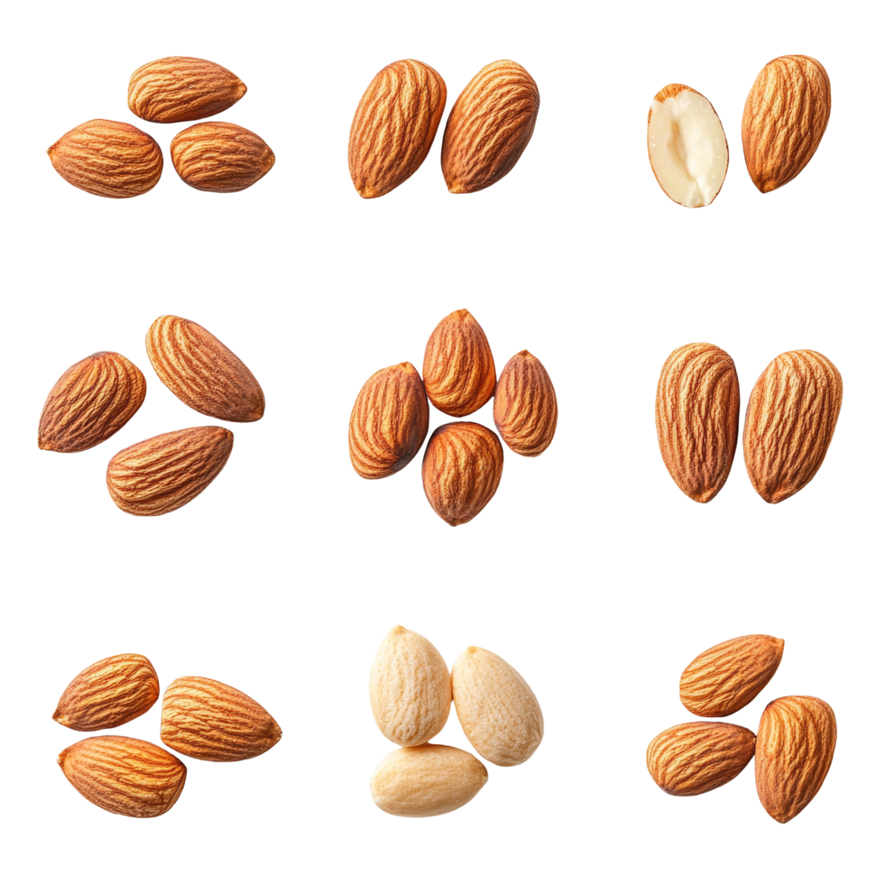 Different angles of raw almonds isolated on a transparent background showcasing their natural textures and shapes, Different angle of raw almonds isolated on transparent background png