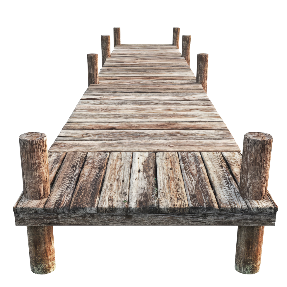 Wooden pier extending into the distance against a clean transparent background, perfect for serene coastal settings, Wooden Pier Isolated on transparent background png
