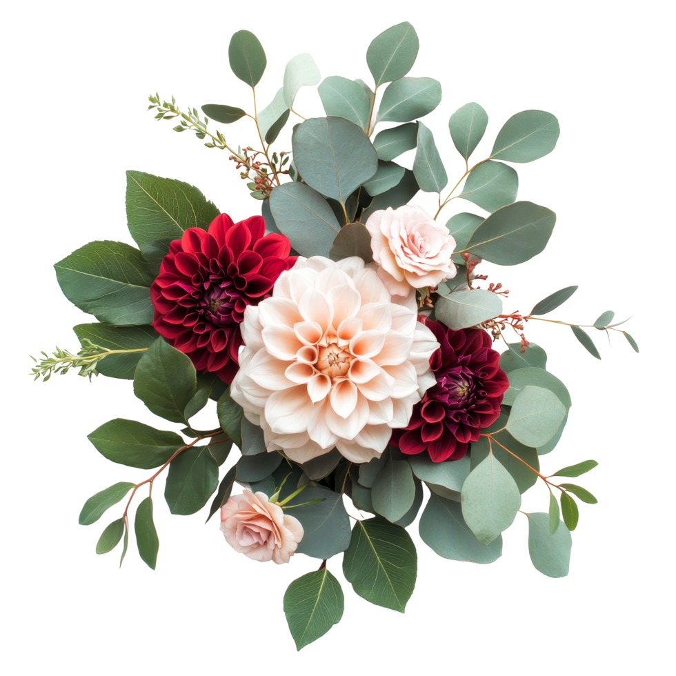 A beautiful arrangement of dahlia roses and eucalyptus leaves on a transparent background for elegant decoration, dahlia, rose and eucalyptus leaves transparent background png