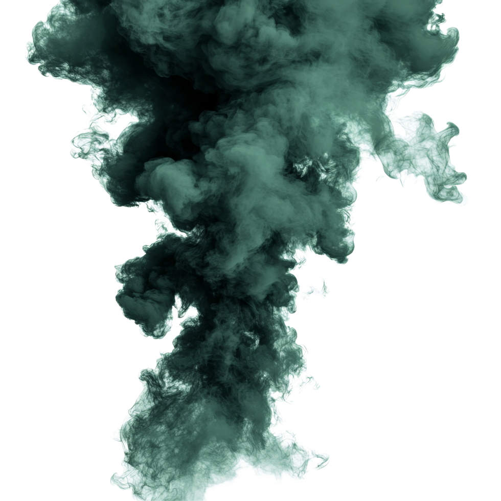 Dark green toxic smoke rising and swirling in isolated display against a transparent background creates an eerie atmosphere, dark green toxic smoke isolated on transparent background png