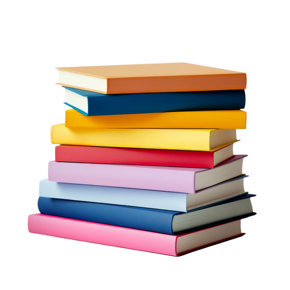 Colorful stack of books in varying sizes isolated on a transparent background, showcasing a vibrant reading selection, Stack colorful books of varying sizes isolated on transparent background png