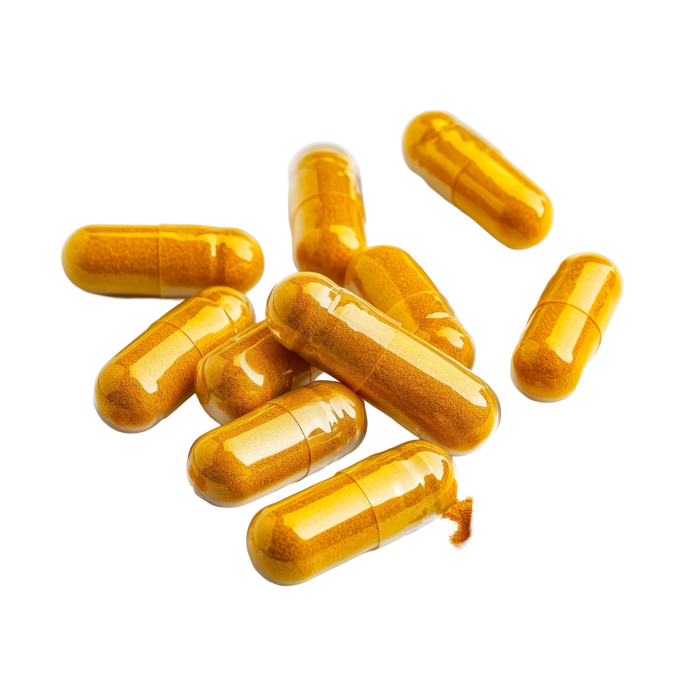 Turmeric capsules scattered on a clean transparent background, showcasing natural health supplements for wellness, Turmeric Capsule on transparent background png
