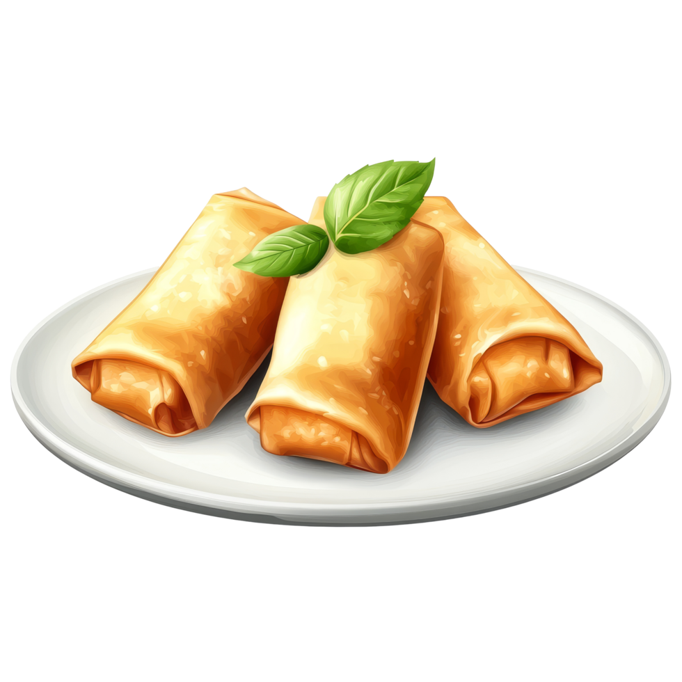 Crispy fried traditional Chinese spring rolls served on a transparent plate with fresh basil leaves, Fried Chinese Traditional Spring rolls food in a plate isolated on transparent background png