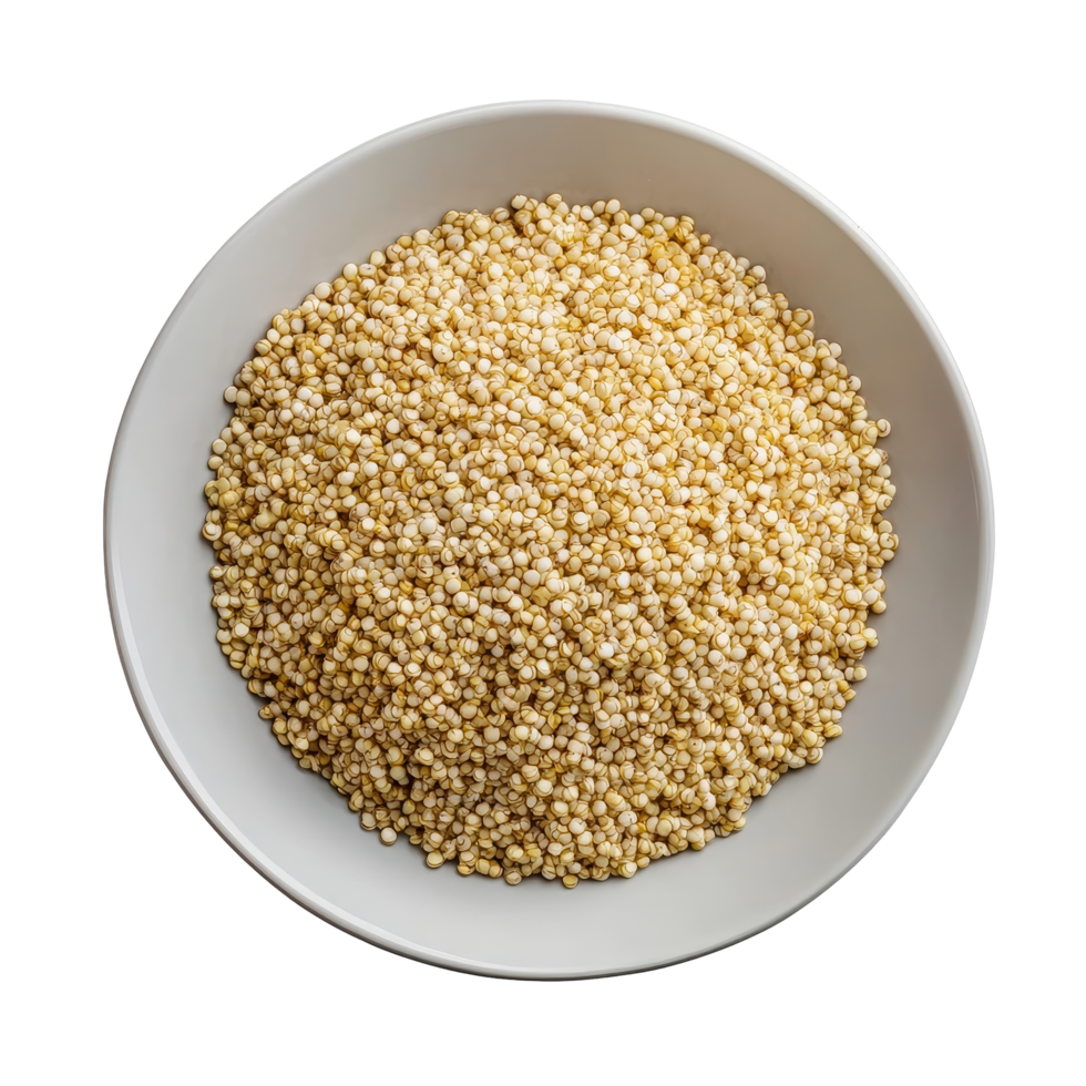Freshly cooked quinoa served in a simple transparent bowl on a clean transparent background for healthy eating, Quinoa in a plate on transparent background png