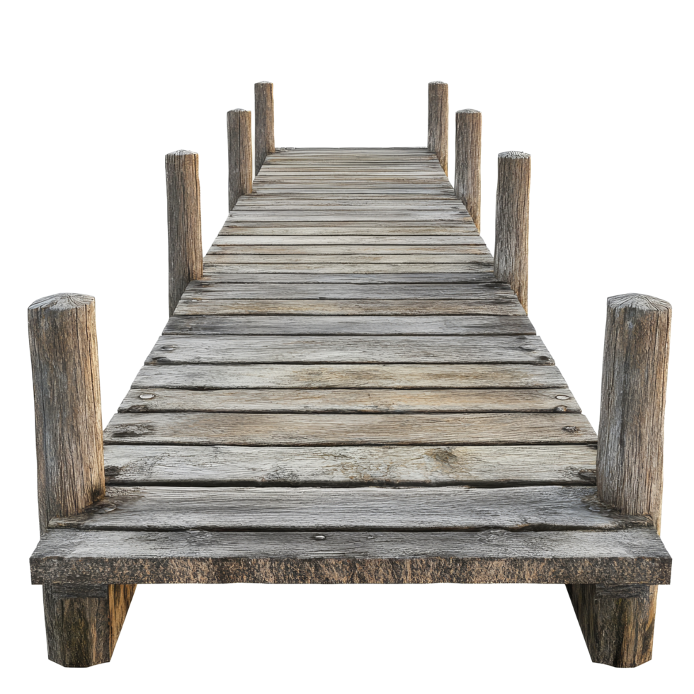 Wooden pier stretches into the distance against a clean transparent backdrop, ideal for tranquil settings or artistic projects, Wooden Pier Isolated on transparent background png