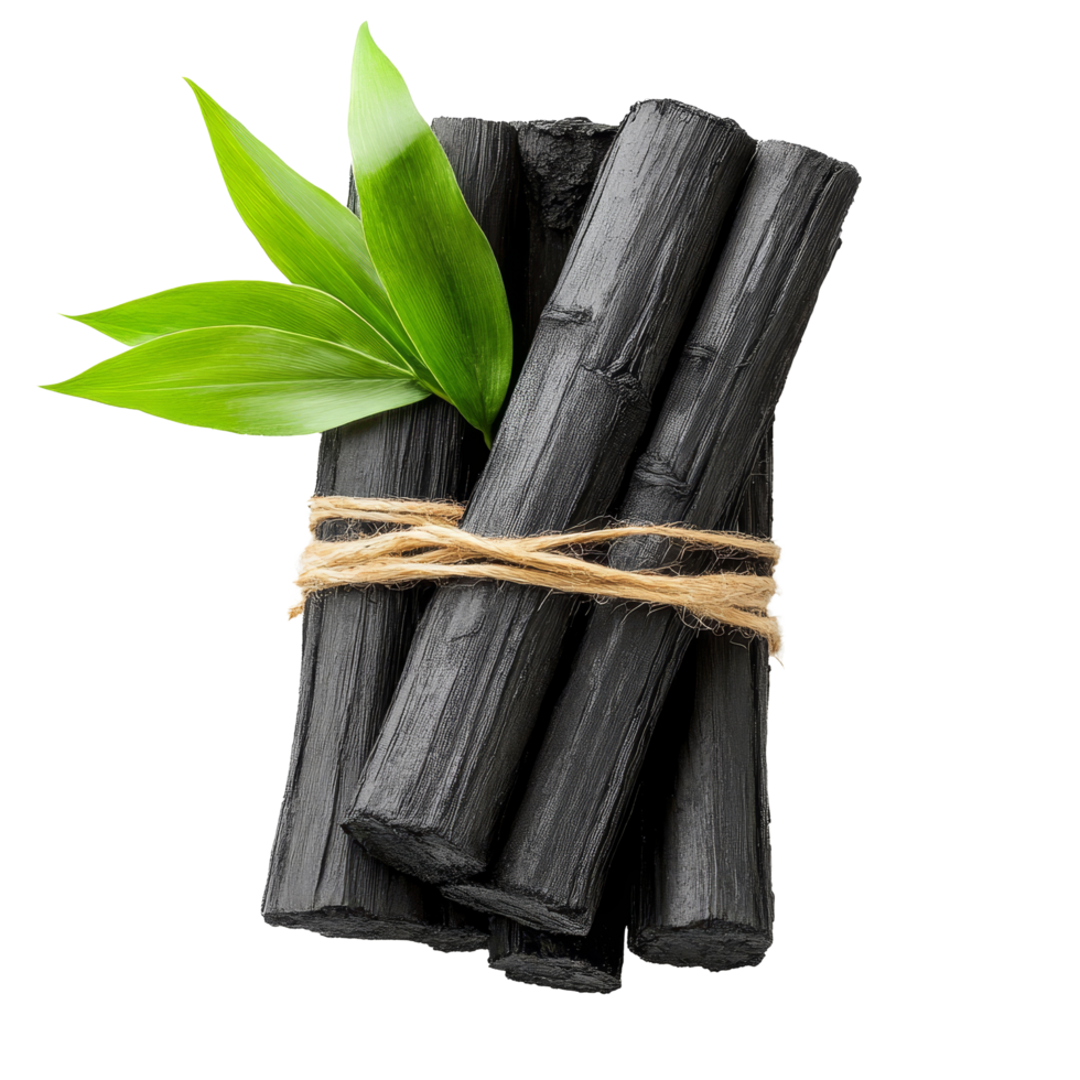 Bamboo charcoal sticks tied with twine and green leaves on a transparent background, Bamboo charcoal isolated on transparent background png