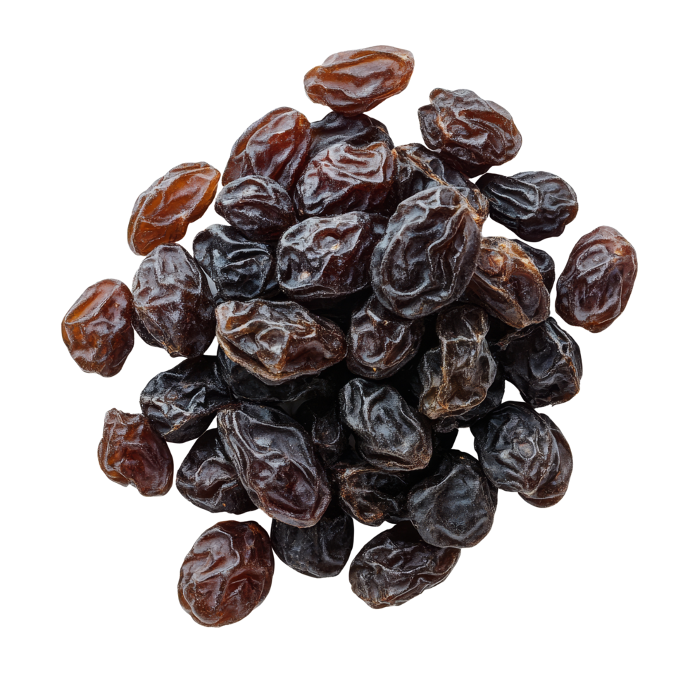 Delicious raisins isolated on a clean transparent background showcasing their unique textures and natural appeal, raisin isolated on transparent background png
