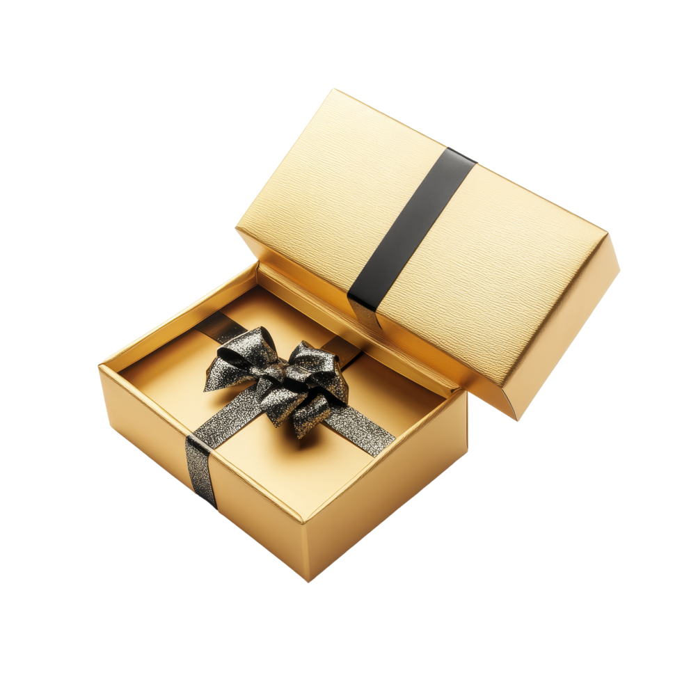 Elegant golden open gift box with a black ribbon and bow perfect for special occasions and celebrations, Gold open gift box isolated png