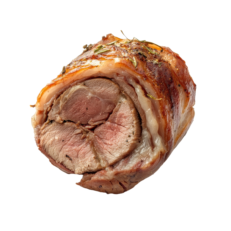 A delicious slice of roasted meat served in a halved roll with herbs on a clean transparent background, slice of meat served in a halved roll isolated on transparent background png