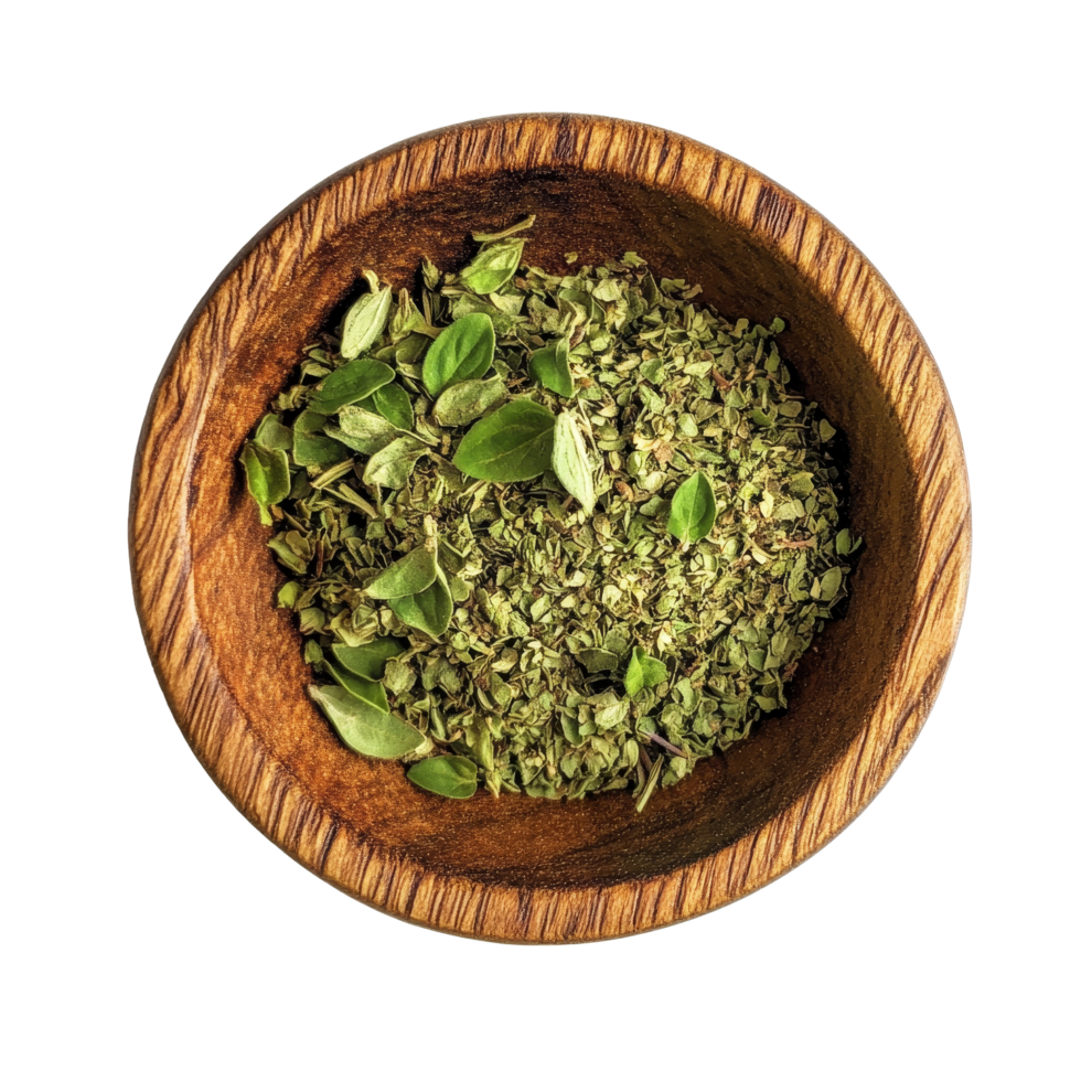 Oregano spice displayed in a wooden bowl on a clean transparent background for culinary use and decoration, Oregano spice in wood bowl on transparent background png