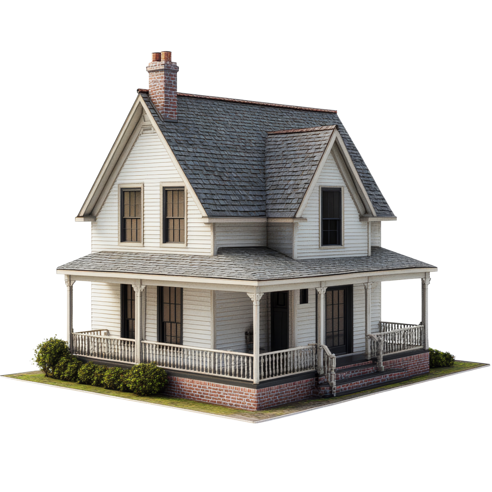 A traditional house model showcasing architectural details on a transparent background, Traditional 3d house model transparent background png
