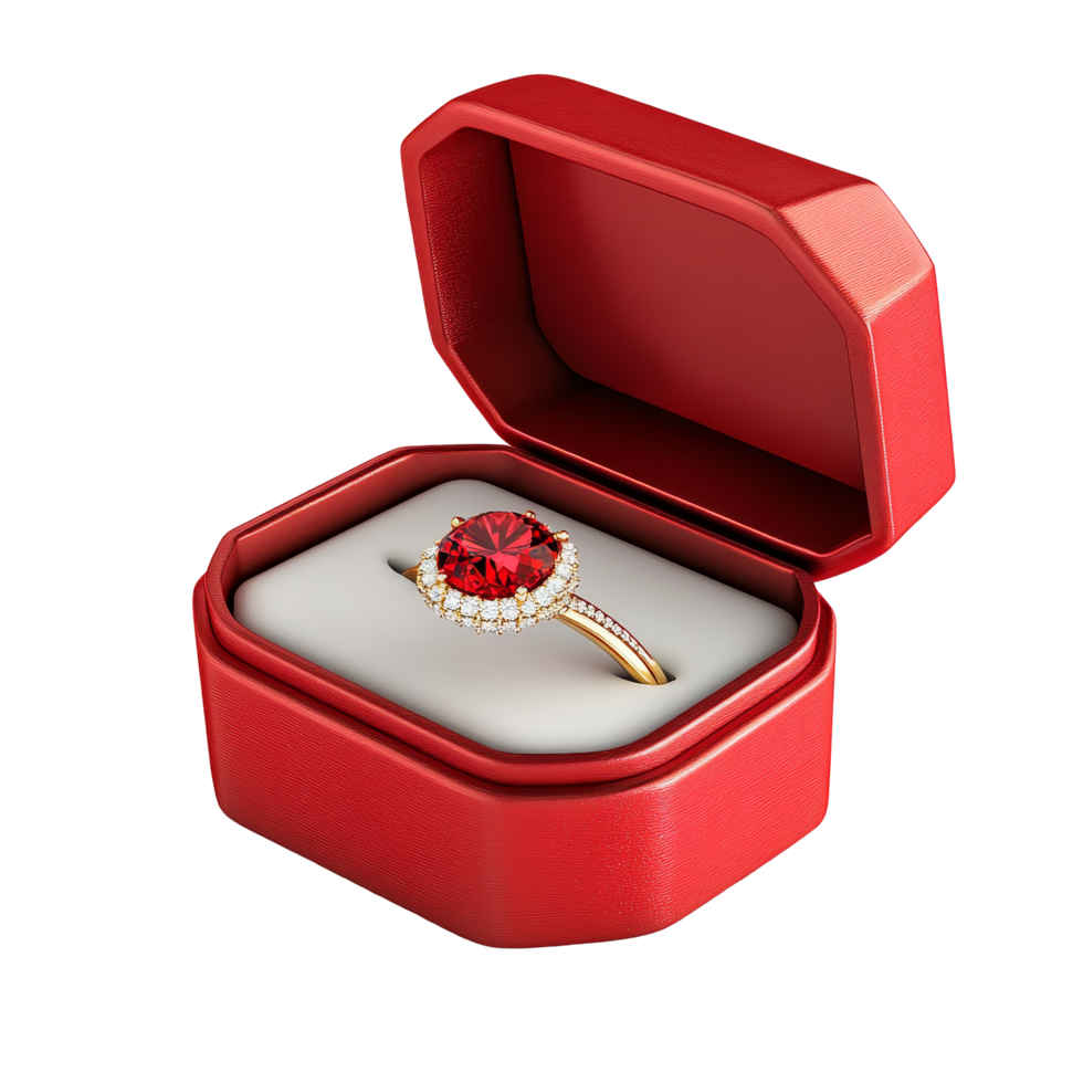 Elegant red ring displayed in a luxurious ring box on a minimalist transparent background, red ring box on transparent backgroundfile png