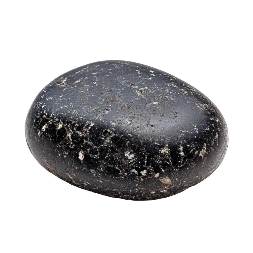A single black pebble resting on a pure transparent background, showcasing its smooth texture and natural patterns, single black pebble isolated on transparent background png