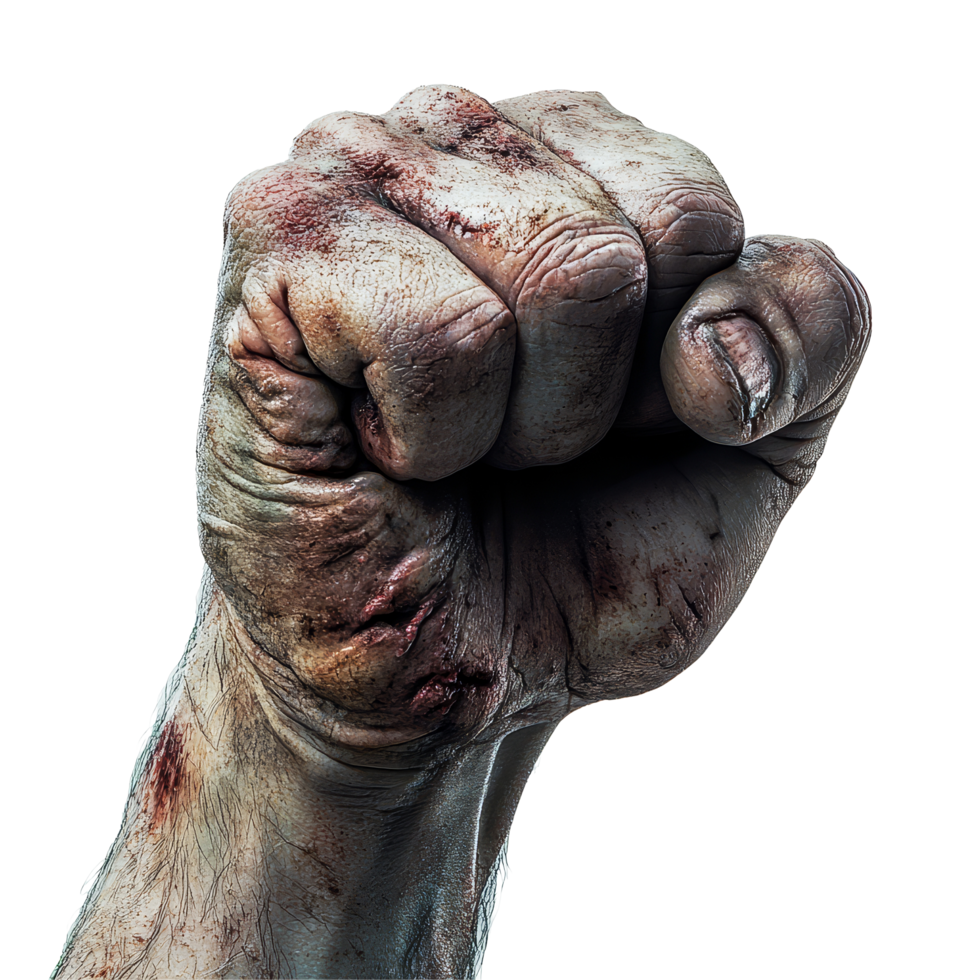 A closeup of a zombie monster fist showing gory details on a transparent background for horror enthusiasts, Zombie Monster Fist on transparent background Horror and Halloween Concept png