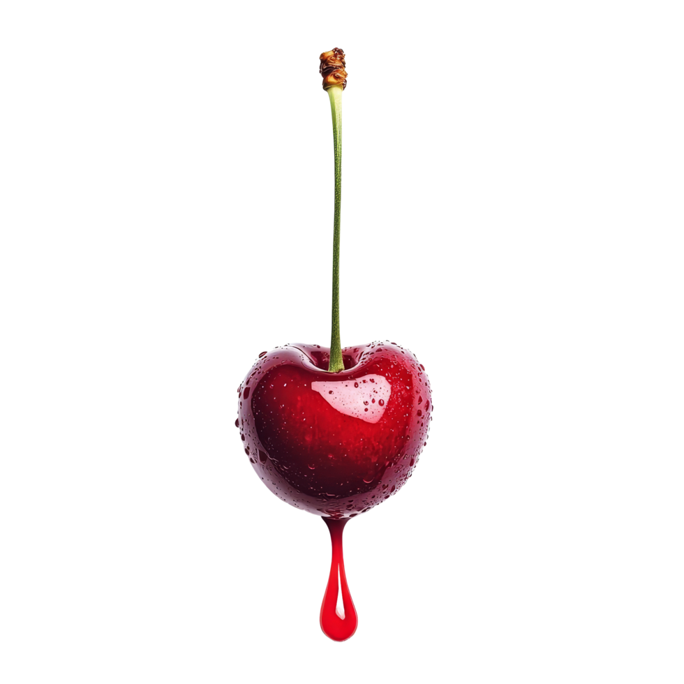 Juicy half ripe red cherry with juice dripping isolated on transparent background, half ripe red cherry with juice dripping isolated on transparent background png