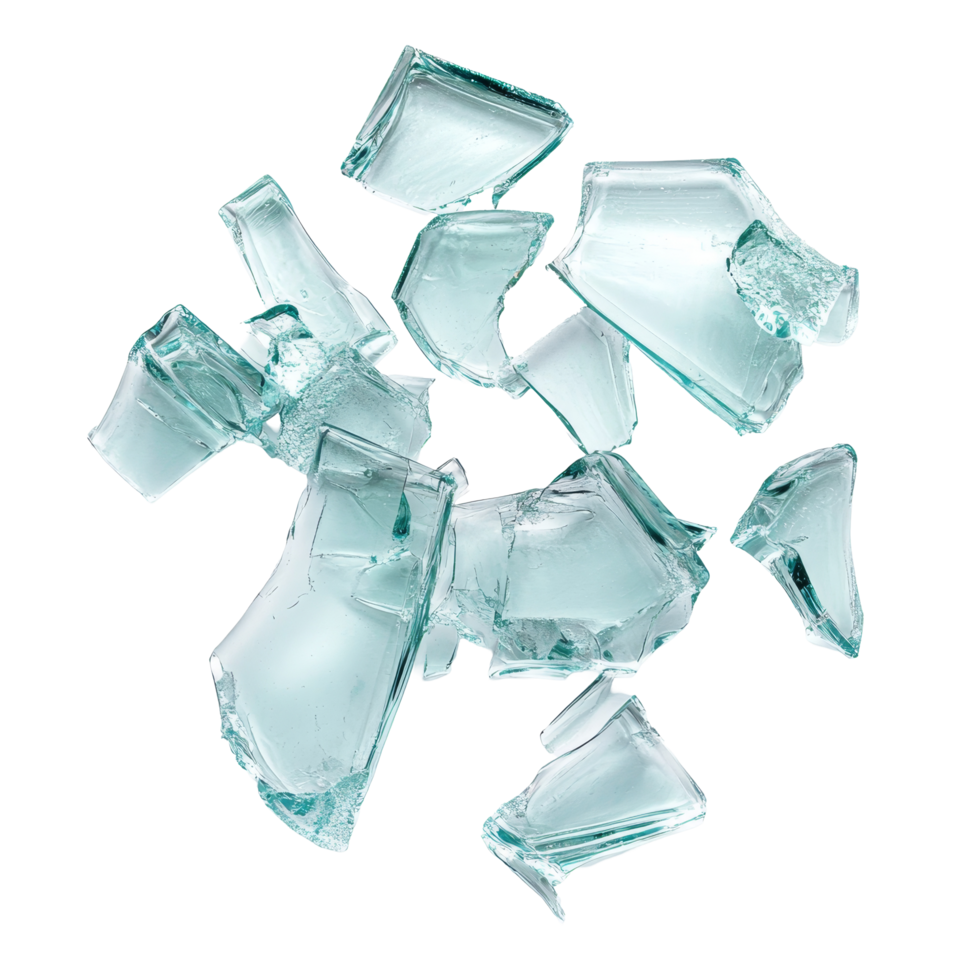 Shattered pieces of broken glass arranged artfully on a clean transparent background, broken glass pieces isolated on transparent background png