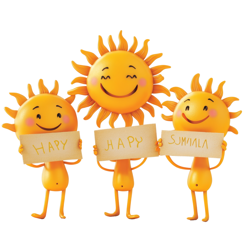 Smiling sun characters joyfully holding summer signs while celebrating the warm sunny season, Smiling Sun Characters Holding Happy Summer Signs on transparent background png