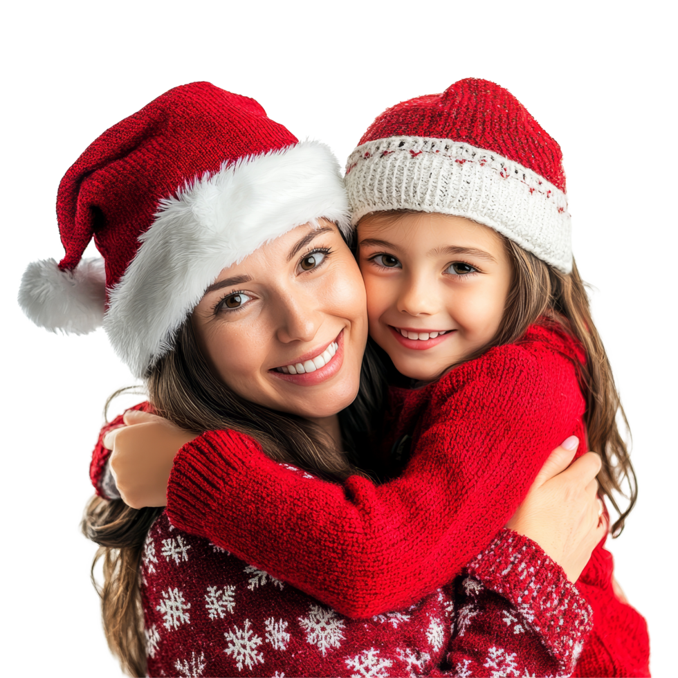 A joyful child girl embraces her mother in matching Christmas attire, celebrating the festive season with hugs and warmth, Child Girl Hugging Mother in Christmas Attire on transparent background png