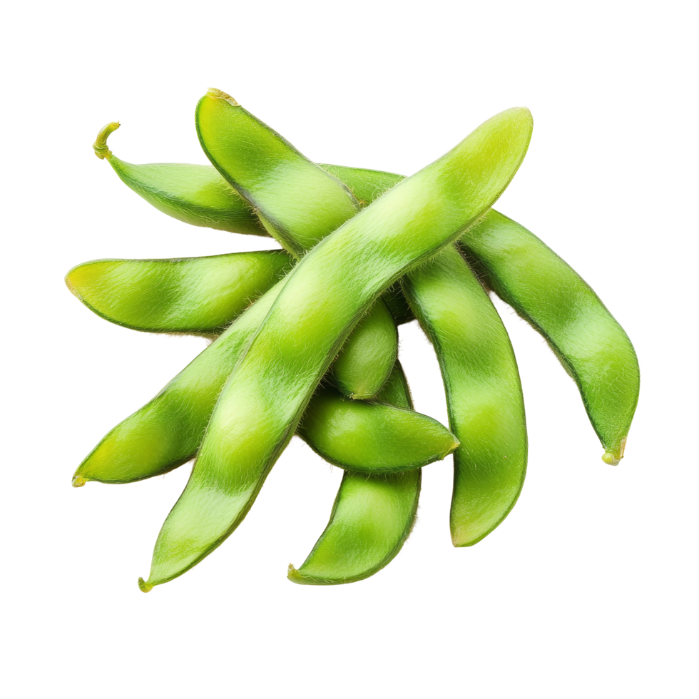 Fresh green soybeans arranged against a clean transparent background for food photography and culinary uses, green soy beans isolated on transparent background png