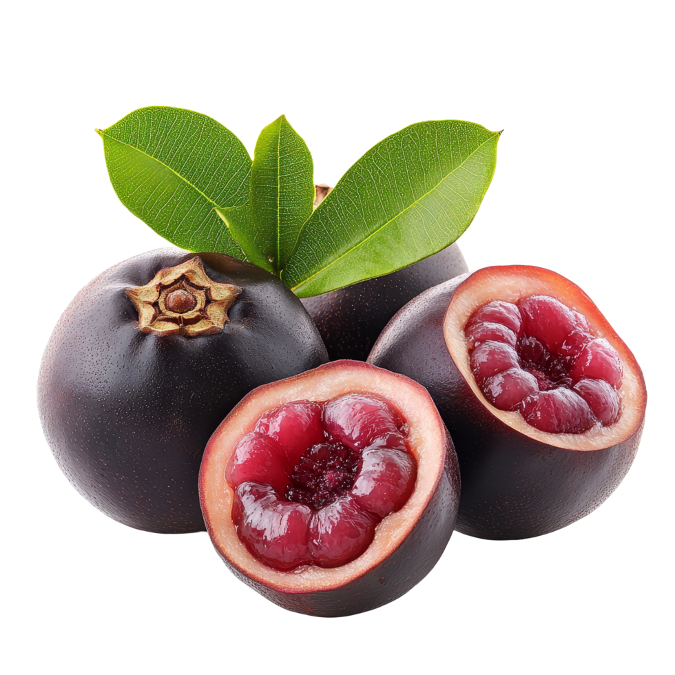 Sweet mangosteens arranged with leaves isolated against a clean transparent backdrop highlighting their vibrant colors, sweet mangosteens isolated on transparent background png