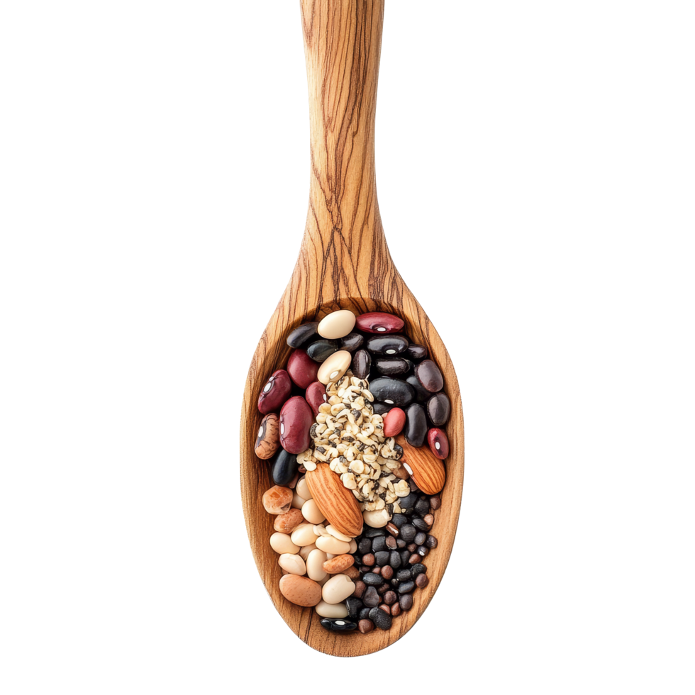 A wooden spoon filled with a colorful mix of beans and grains on a transparent background, grains mix beans in wood spoon on transparent background png