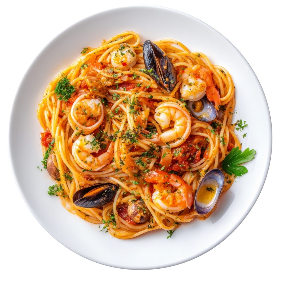 Delicious spaghetti with drunken seafood served elegantly on a transparent plate perfect for a gourmet meal, Spaghetti drunken seafood in the transparent plate on transparent background png