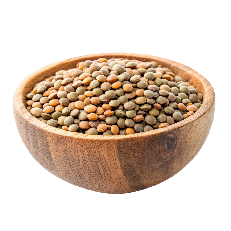 Lentils in a wooden bowl showcasing a variety of colors on a transparent background for culinary inspiration, lentils in wood bowl isolated on transparent background png