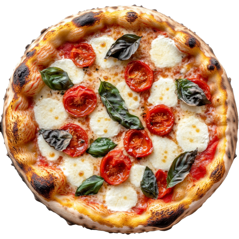 Delicious margherita pizza topped with fresh tomatoes and mozzarella cheese on a rustic wooden table, Isolated margherita pizza with tomato and cheese png
