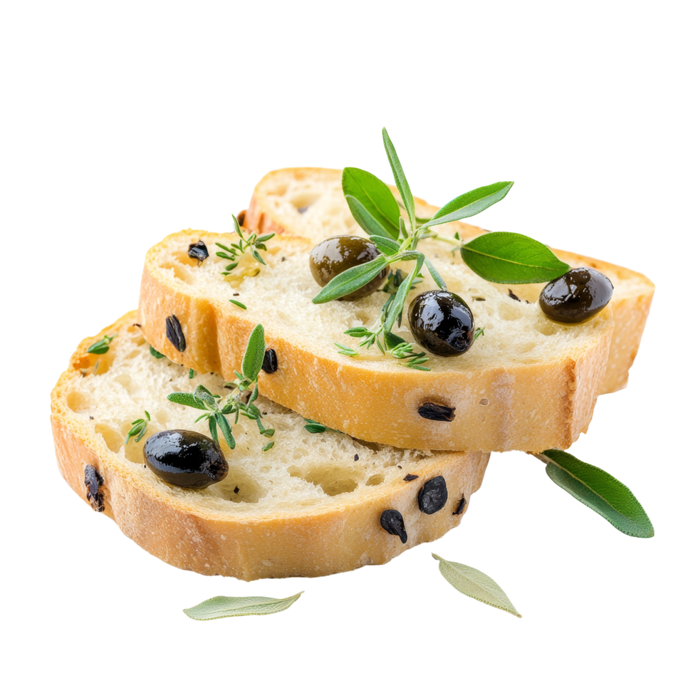 Deliciously sliced olive and herb bread isolated on a transparent background perfect for culinary settings, Olive and herbs sliced bread isolated png