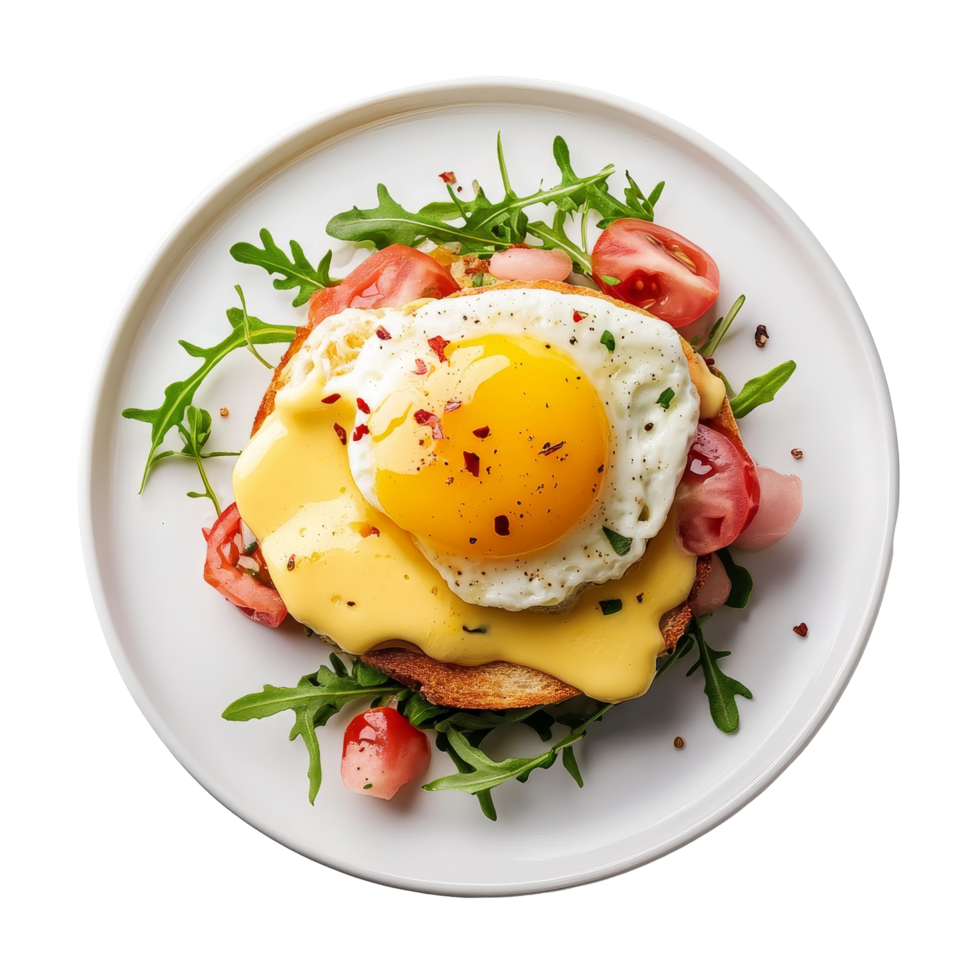 Delicious egg benedict on a transparent plate garnished with fresh vegetables for a satisfying breakfast experience, egg benedict on plate isolated on transparent background png