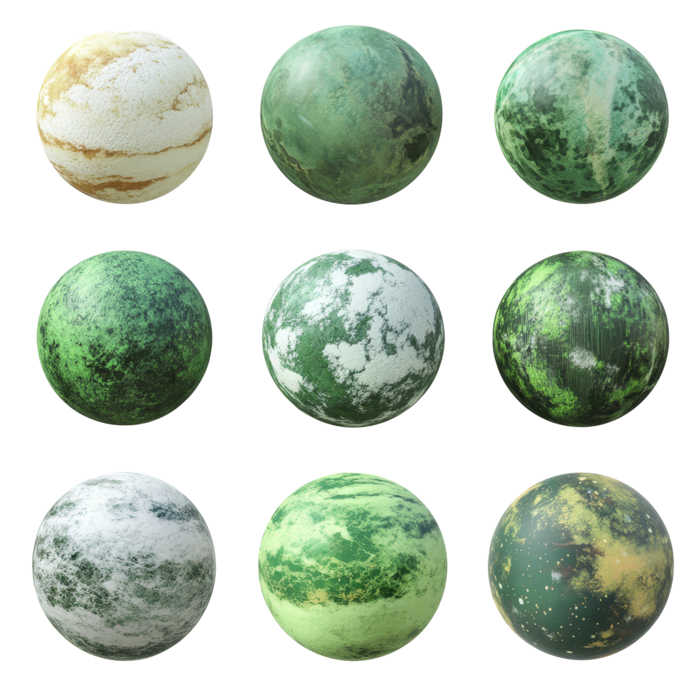 Fantasy celestial bodies with vibrant green planets in a cosmic arrangement under a mystical atmosphere, Set Green Planets, Fantasy Celestial Bodies with Unique Textures, Isolated on transparent png