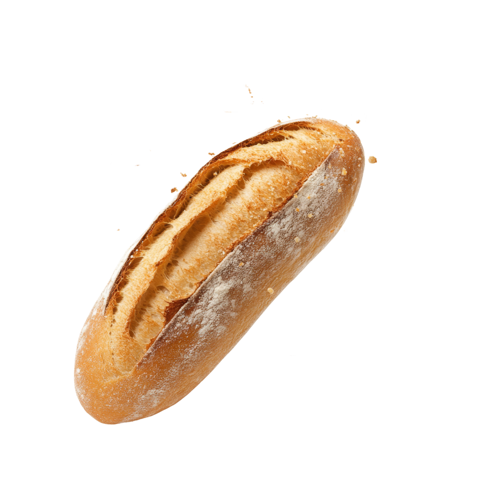 Freshly baked baguette with crumbs falling, isolated against a clean transparent background, Freshly Baked Baguette with Falling Crumbs Isolated on transparent background png
