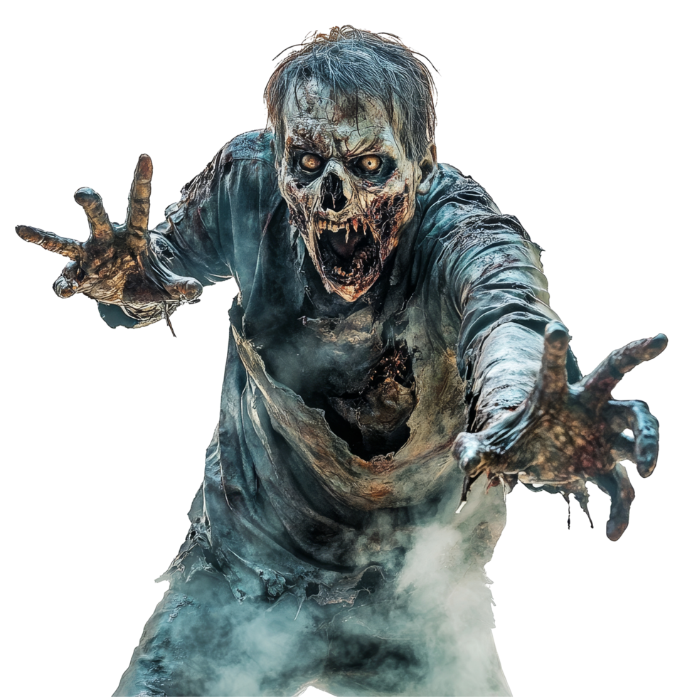 A terrifying zombie with a grotesque appearance reaching out menacingly on a stark transparent background, Scary Zombie Horror Concept on transparent background png