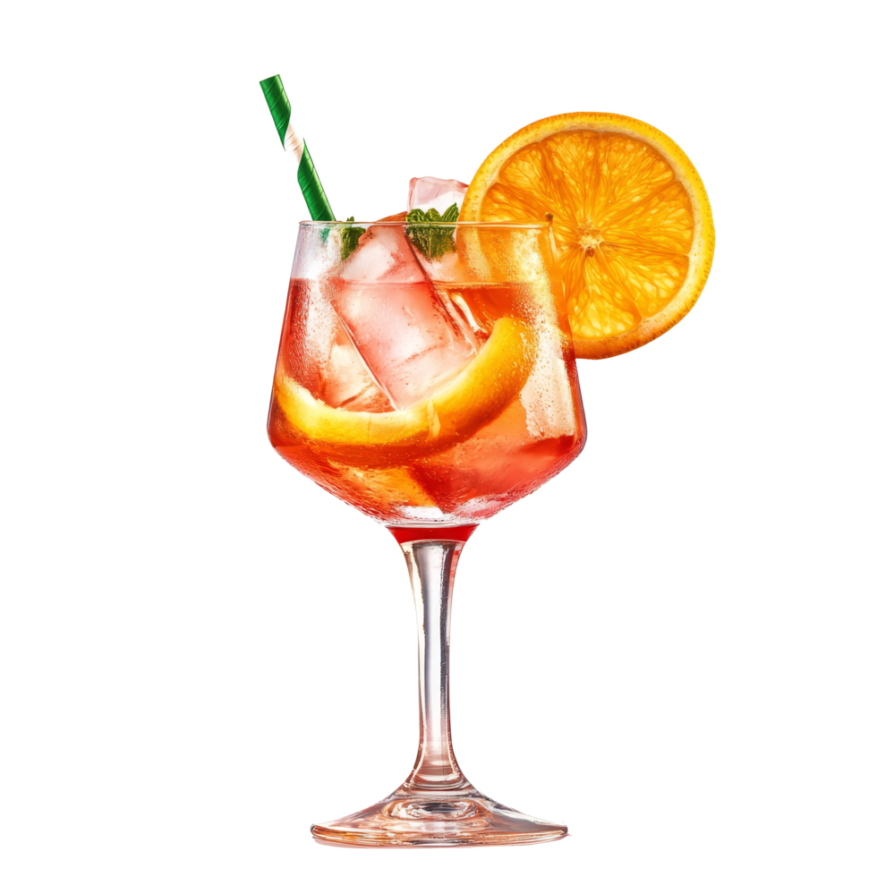 Refreshing summer cocktail garnished with orange slices and mint on a bright transparent background, summer cocktail isolated transparent background png