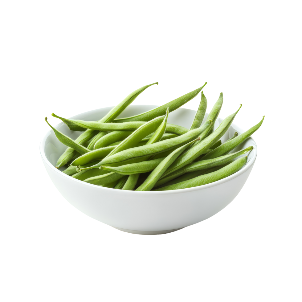 Fresh long beans or cowpeas displayed in a transparent bowl on a clean surface, ideal for healthy cooking or salads, Long bean or cowpea in transparent bowl isolated on transparent background png