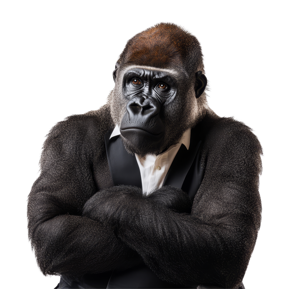 A thoughtful gorilla executive embodies leadership in a corporate setting on a bright background, Thoughtful Gorilla Executive as Corporate Leader On transparent background png