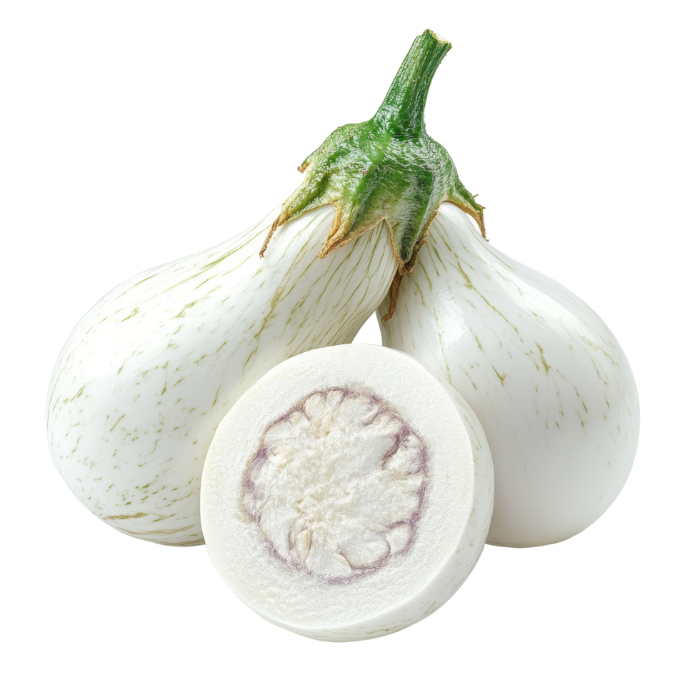 Fresh transparent eggplants on a transparent background, showcasing their smooth texture and unique shape, transparent eggplant on transparent background png