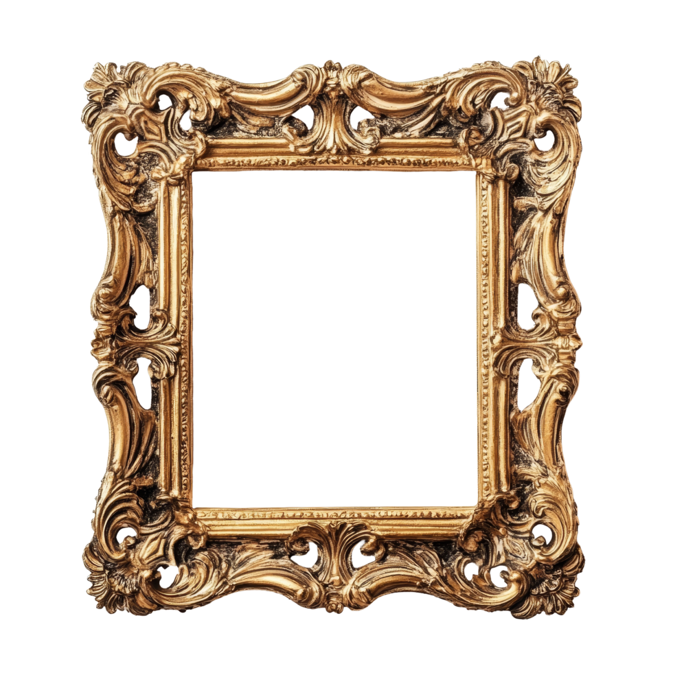 Elegant golden baroque picture frame isolated on a transparent background for art display or decoration, golden baroque picture frame isolated on transparent background png