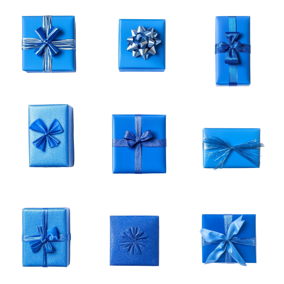 Numerous blue gift boxes arranged neatly on a transparent background ready for any celebration or special occasion, Various of blue gift boxes isolated on transparent background. png