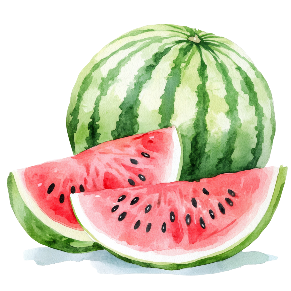Freshly painted watercolor depiction of a watermelon with slices on a bright transparent background, Fresh watermelon fruit on a transparent background png