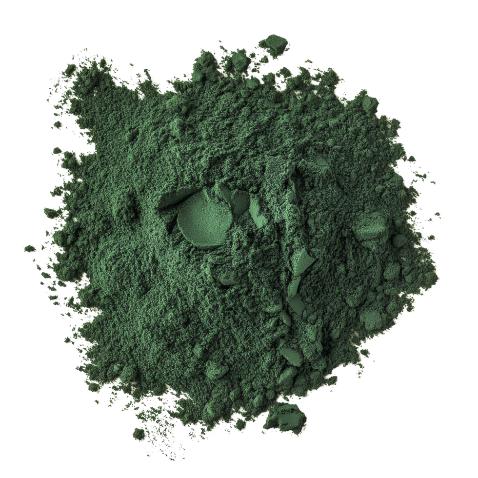 Spirulina powder displayed on a clean transparent background, showcasing its vibrant green color and fine texture, spirulina powder isolated on transparent background png