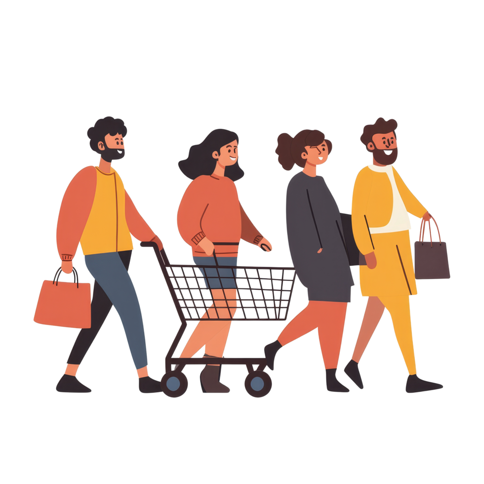Diverse group of people shopping together while pushing a cart outdoors on a sunny day, diverse people pushing a shopping cart png